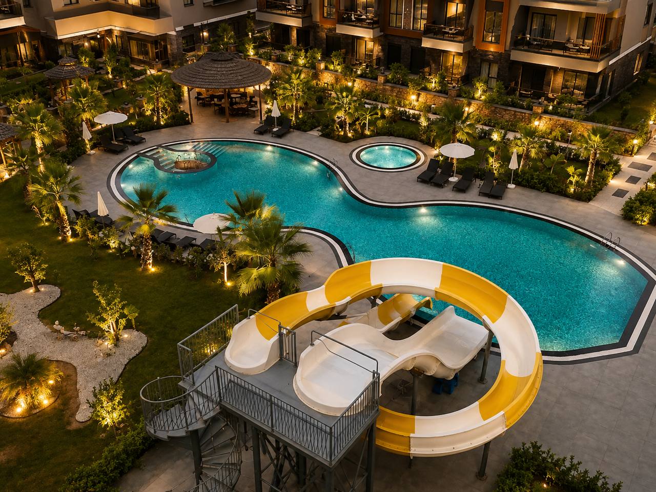 KAVI DREAMS luxury duplex 3+1 upper unit for long-term rental with ВНЖ available. Large green territory, pools with slides, tennis court, gym, spa, sauna, children's zones.