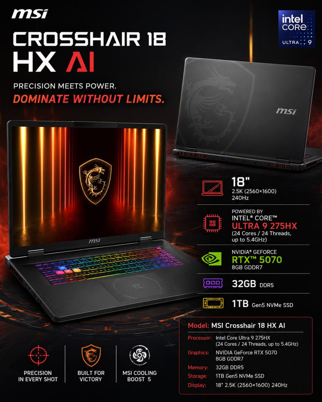 Продажа ноутбука MSI Crosshair 18 HX AI (Ultra 9 275HX, RTX 5070, 32GB DDR5)