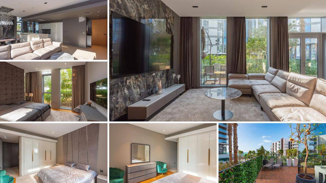 Sale — 4-bedroom + maid room, Bluewaters Residents B2, 312 sqm, ground floor with terrace, garden view, fully furnished, renovated, vacant 💰 16,200,000 AED 📍 Dubai #Sale #Apartment #Dubai