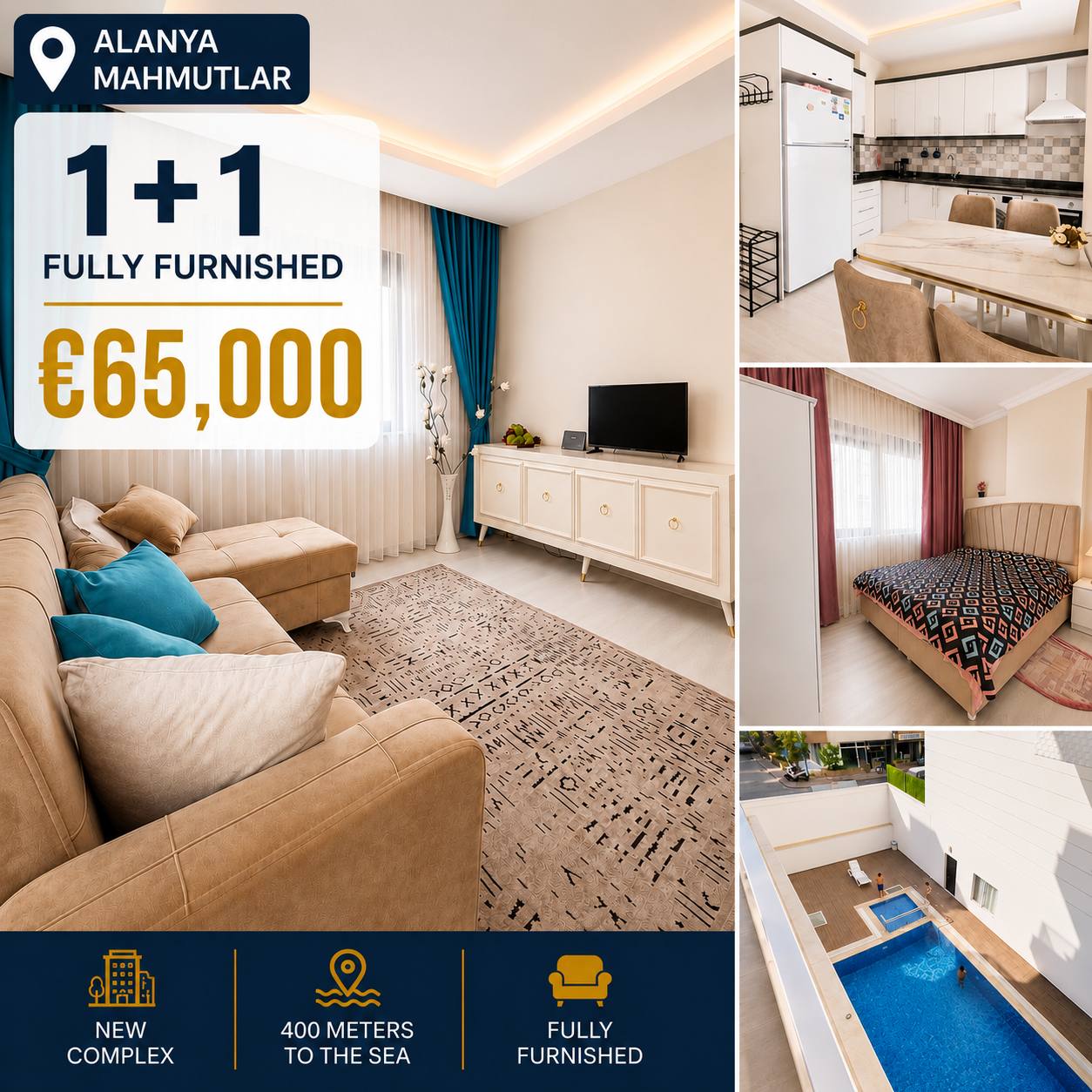 Bayer Deluxe 1+1 apartment for sale in Mahmutlar, Alanya. Ready to occupy, good rental investment option. 2nd floor of 5. Furnished, includes pool, sauna, hamam, gym.