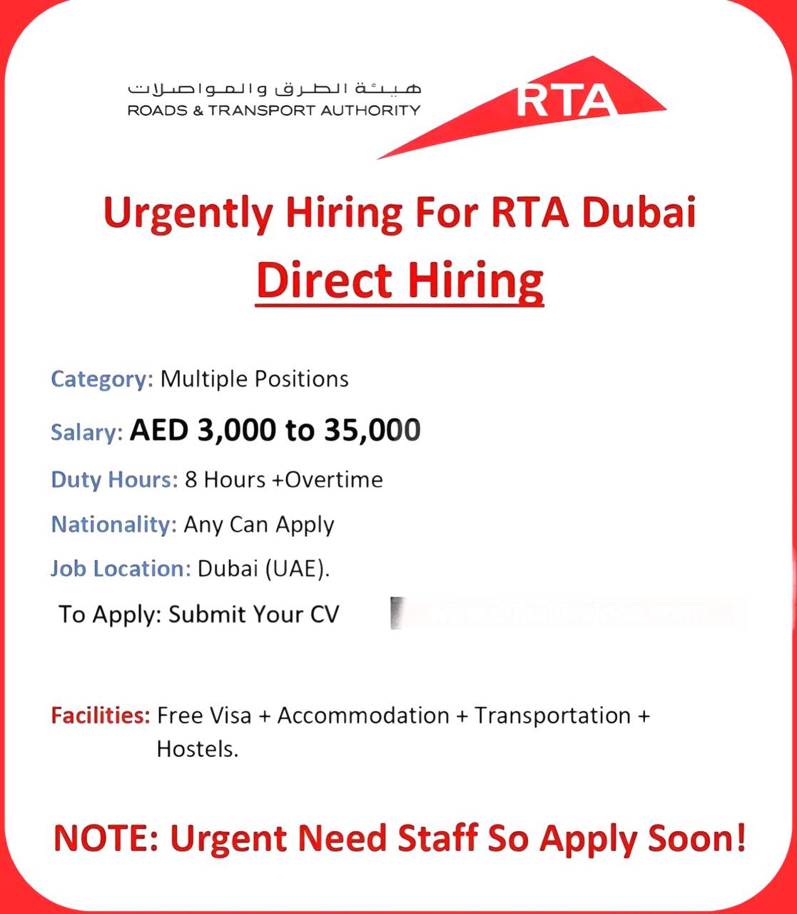 Работа — RTA Dubai  зарплата 3,000 - 35,000 AED, 8 часов + сверхурочные  📍 Dubai