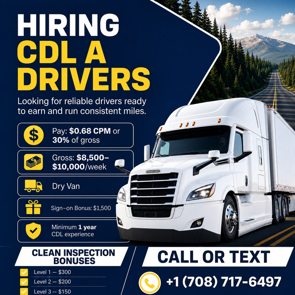 CDL A drivers wanted - earn $8,500-$10,000 per week, new 2026-2027 trucks, $1,500 sign-on bonus