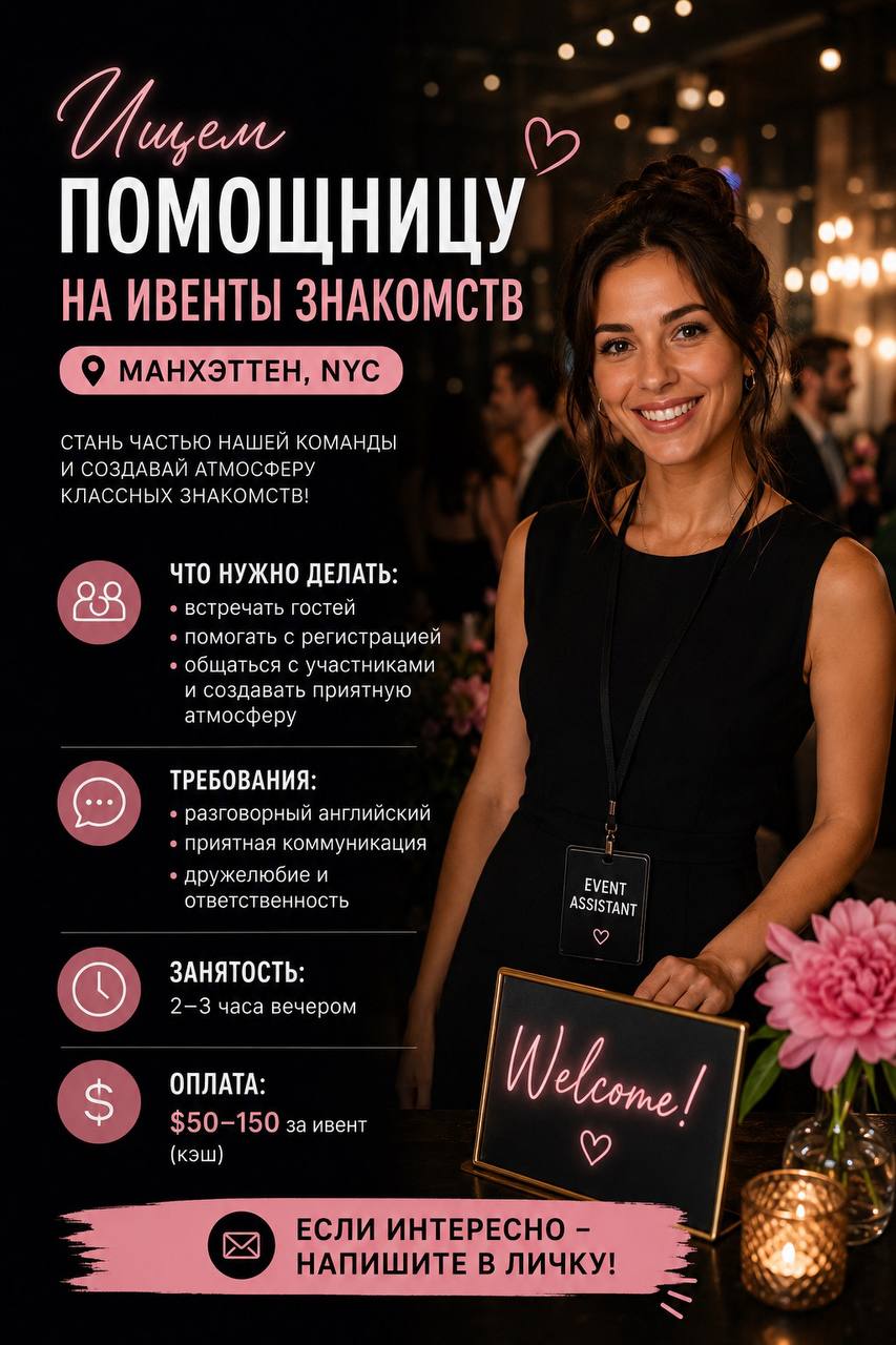 Помощница на ивенты знакомств в Манхэттене — 2–3 часа, $50–150 за ивент