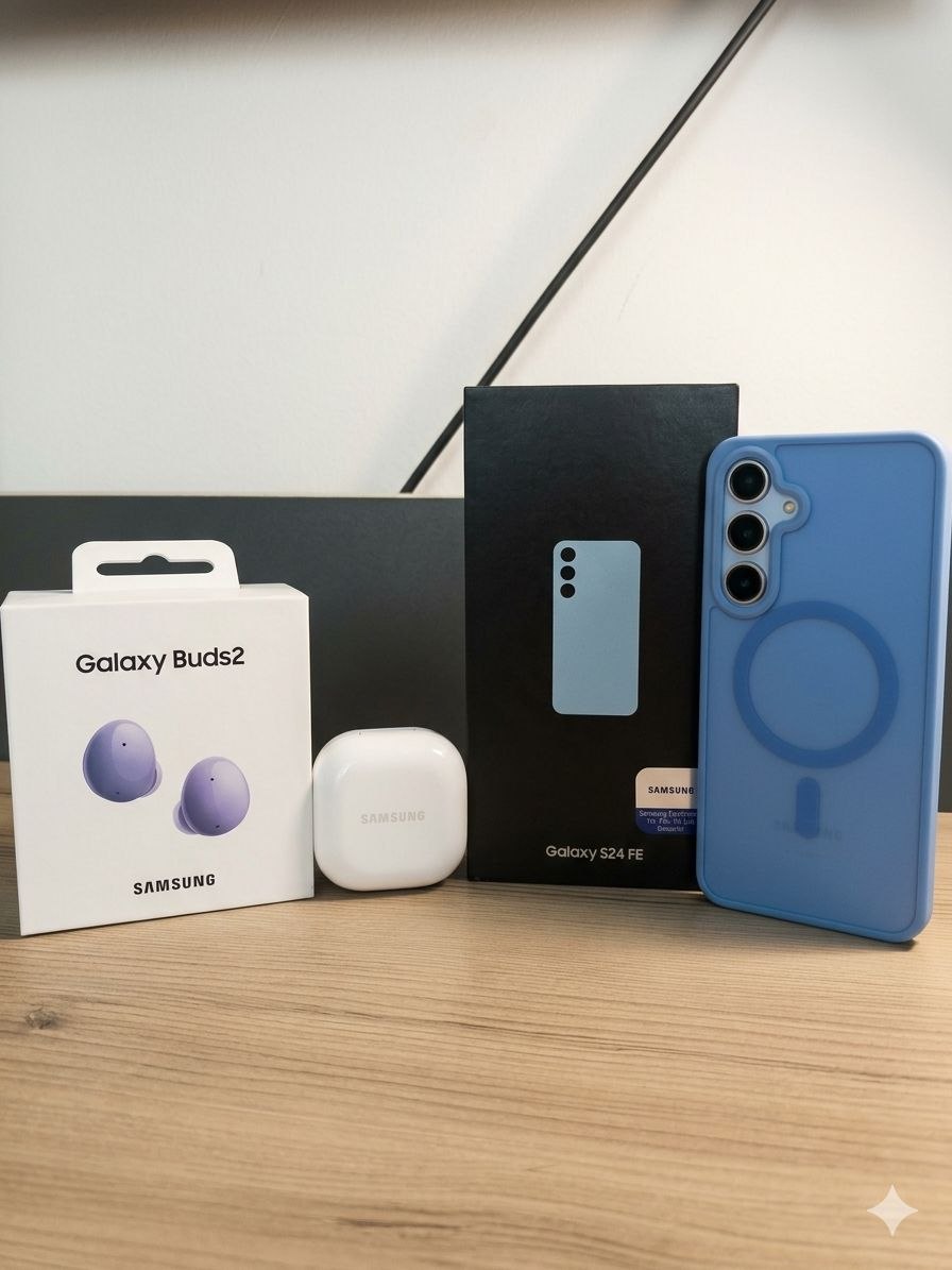 Samsung S24 FE 256GB/8GB Light Blue, хорошее состояние, трещина сзади, Galaxy Buds 2 в комплекте