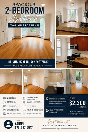 Modern 2-bedroom, 1-bathroom apartment, $2300/month, available from May 10