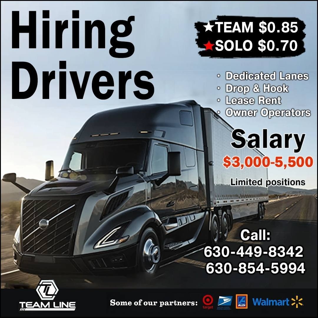 Hiring CDL truck drivers, team or solo, $3000-$5500 weekly salary, dedicated lanes