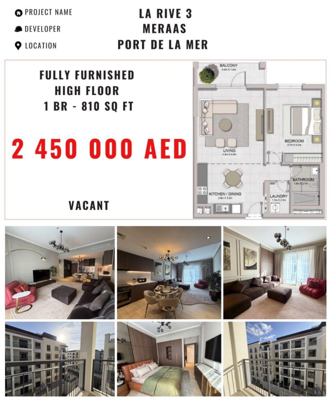 For Sale — 1BR apartment LA RIVE, Building 3, 2,450,000 AED, fully furnished, high floor 📍 Port de La Mer