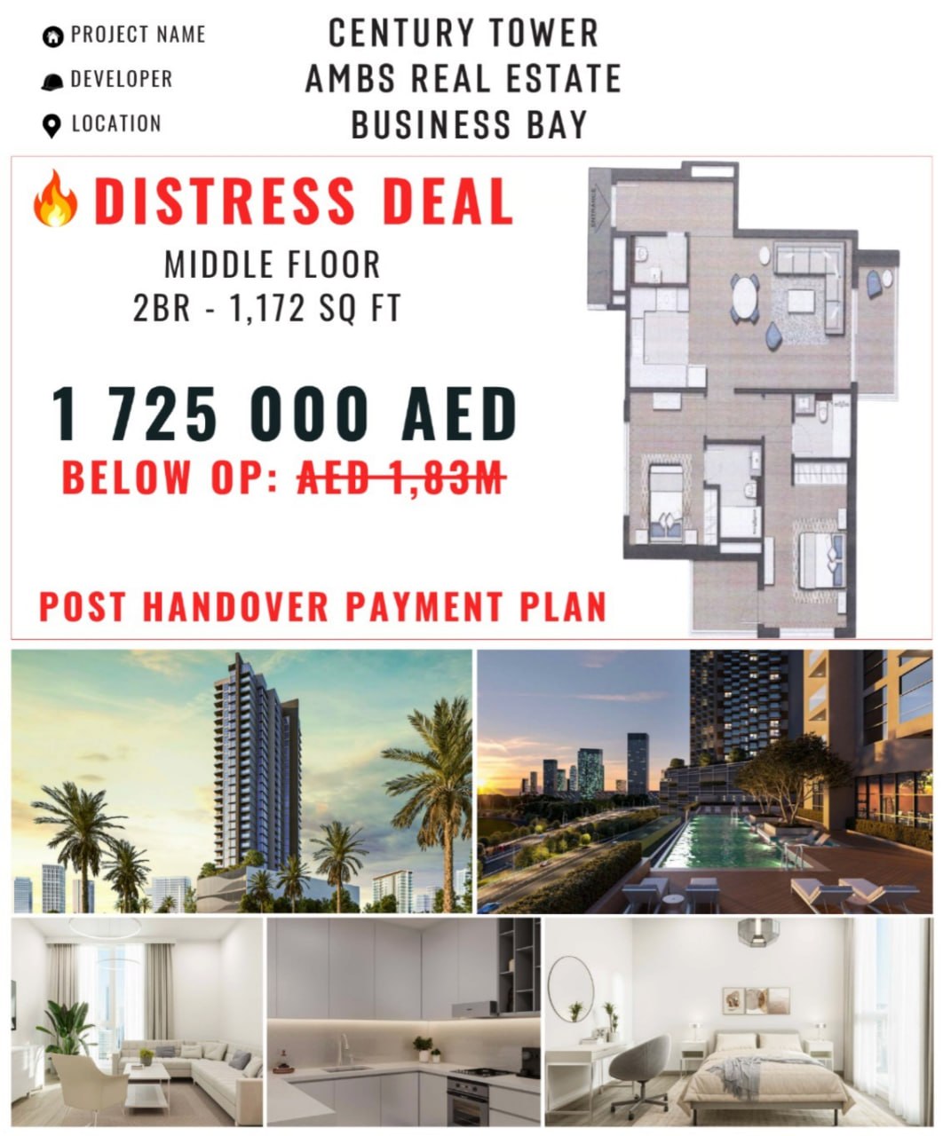 For Sale — 2BR apartment CENTURY TOWER, Business Bay, 1,725,000 AED, below original price 📍 Business Bay