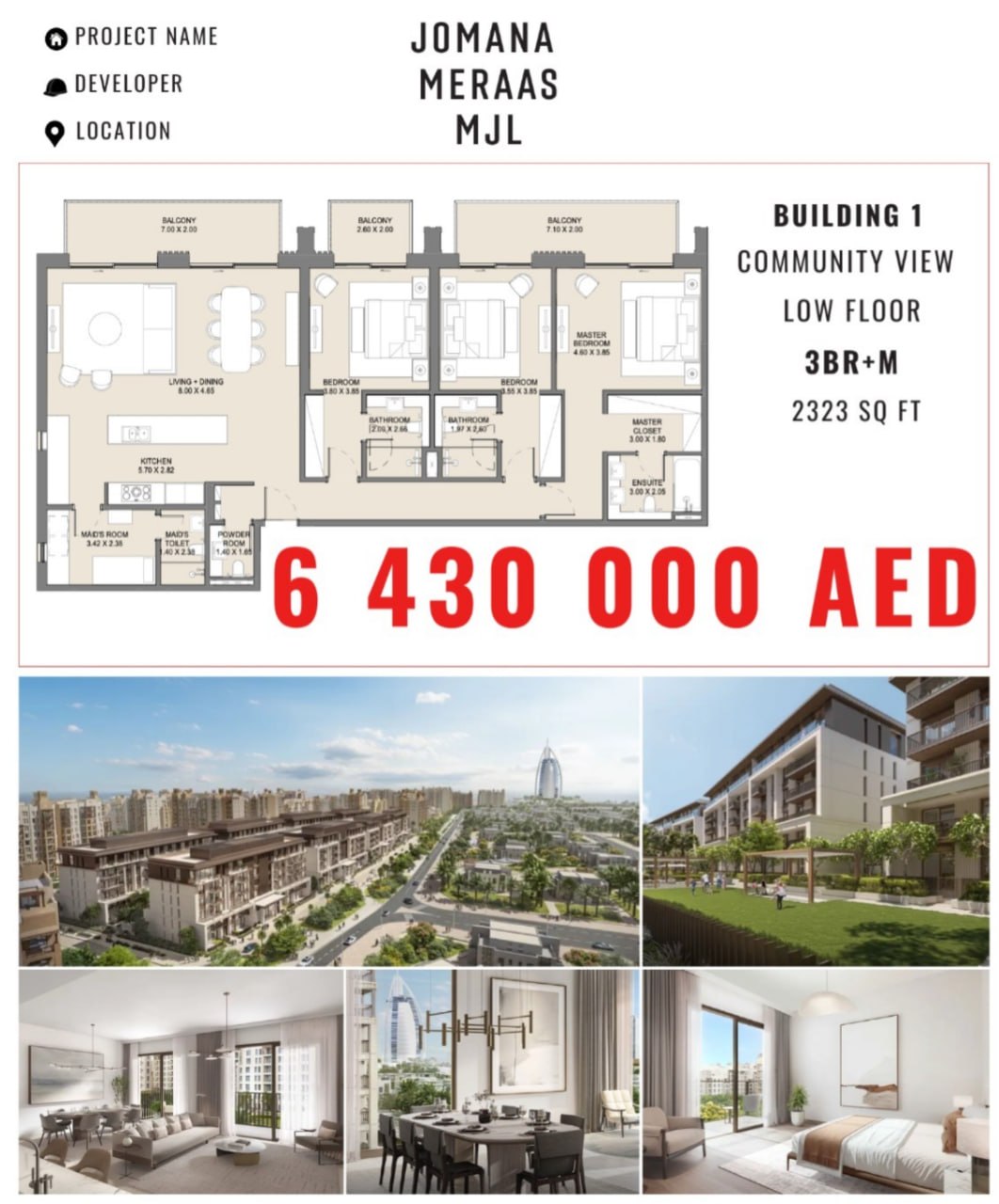 For Sale — 3BR+M JOMANA, Building 1, 2323 sq.ft, 6,430,000 AED, resale 📍 MJL