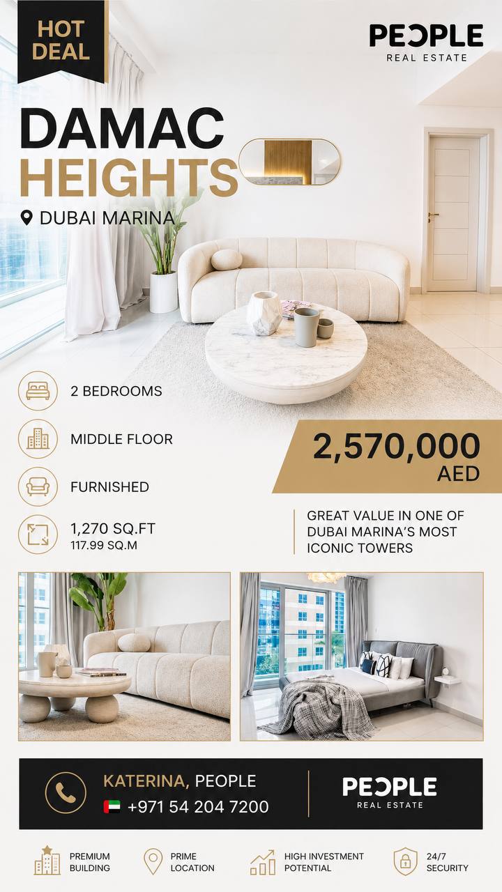 2BR apartment at DAMAC HEIGHTS, Dubai Marina, fully furnished, 1,270 sq.ft