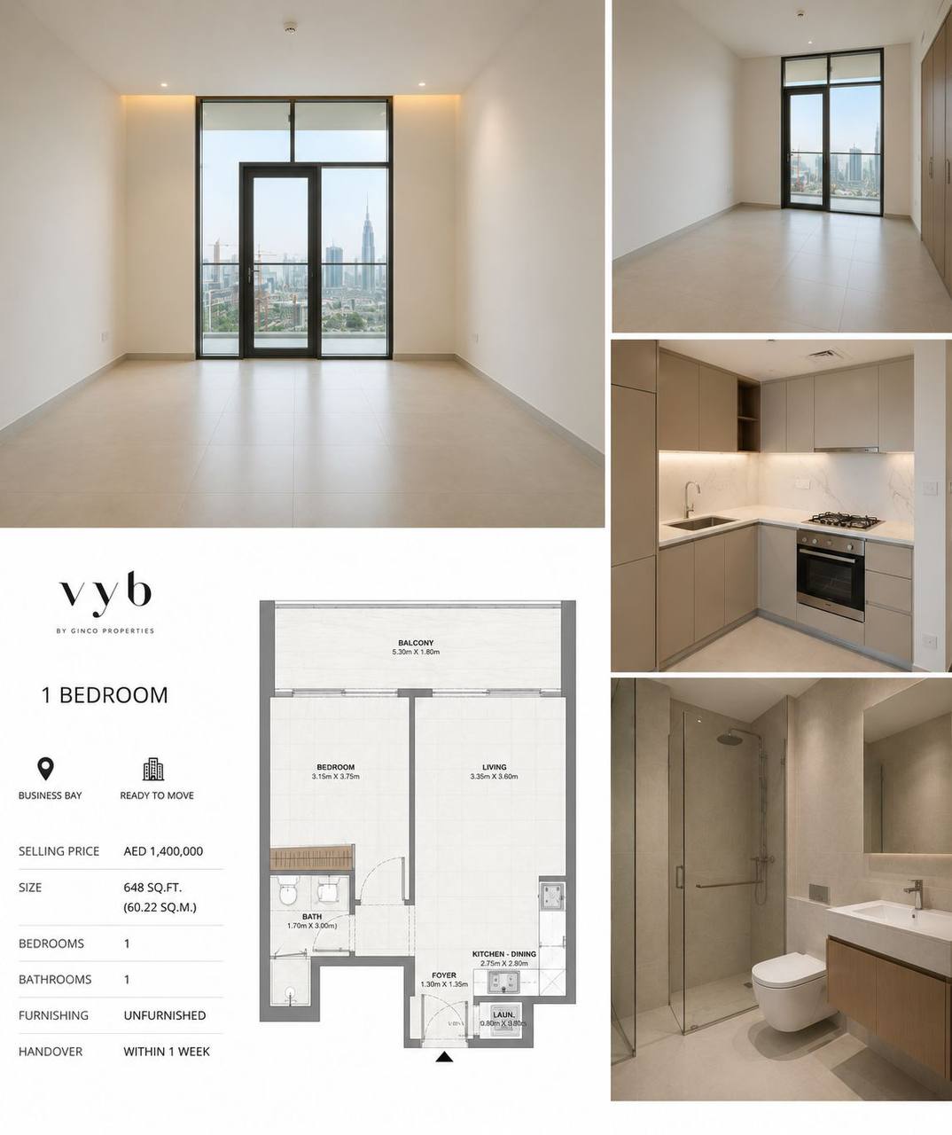 1 bedroom unfurnished apartment ready to move in Business Bay, 648 sqft.